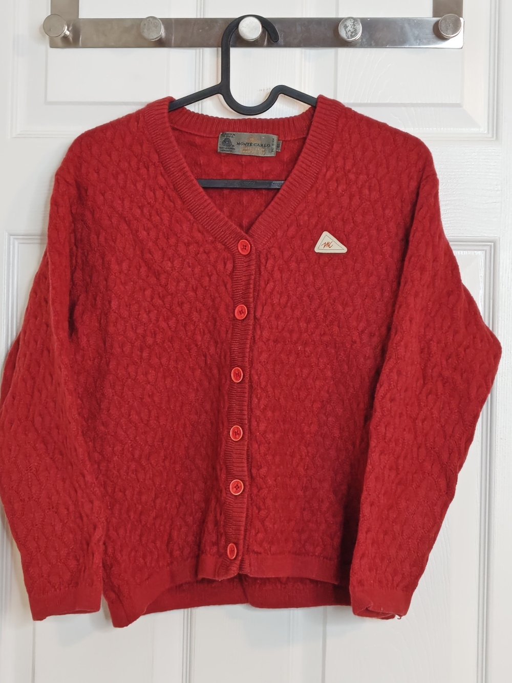 Monte Carlo Washed Red V-Neck Button Wool Cardigan Size S